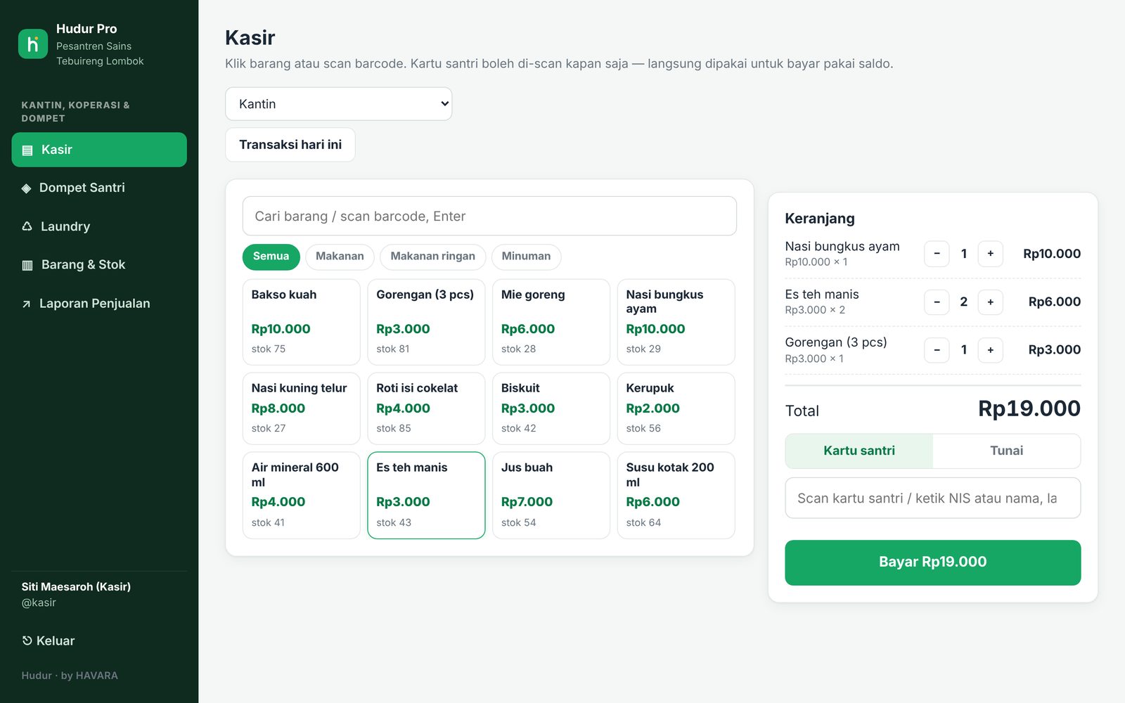 Layar kasir kantin Hudur Pro: daftar barang dengan stok dan keranjang belanja dibayar dengan kartu santri